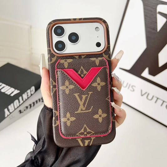 Louis Vuitton iPhone 17 Pro Max Case with Cardholder – Brown Monogram Red Trim Leather