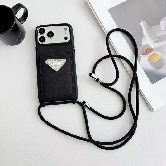 Prada iPhone 17 Pro Max Case with Strap & Card Holder – Luxury Designer Crossbody Phone Case