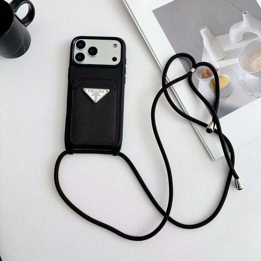 Prada iPhone 17 Pro Max Case with Strap & Card Holder – Luxury Designer Crossbody Phone Case