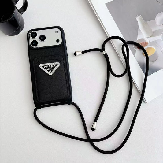 Prada iPhone 17 Pro Max Case with Strap & Card Holder – Luxury Designer Crossbody Phone Case